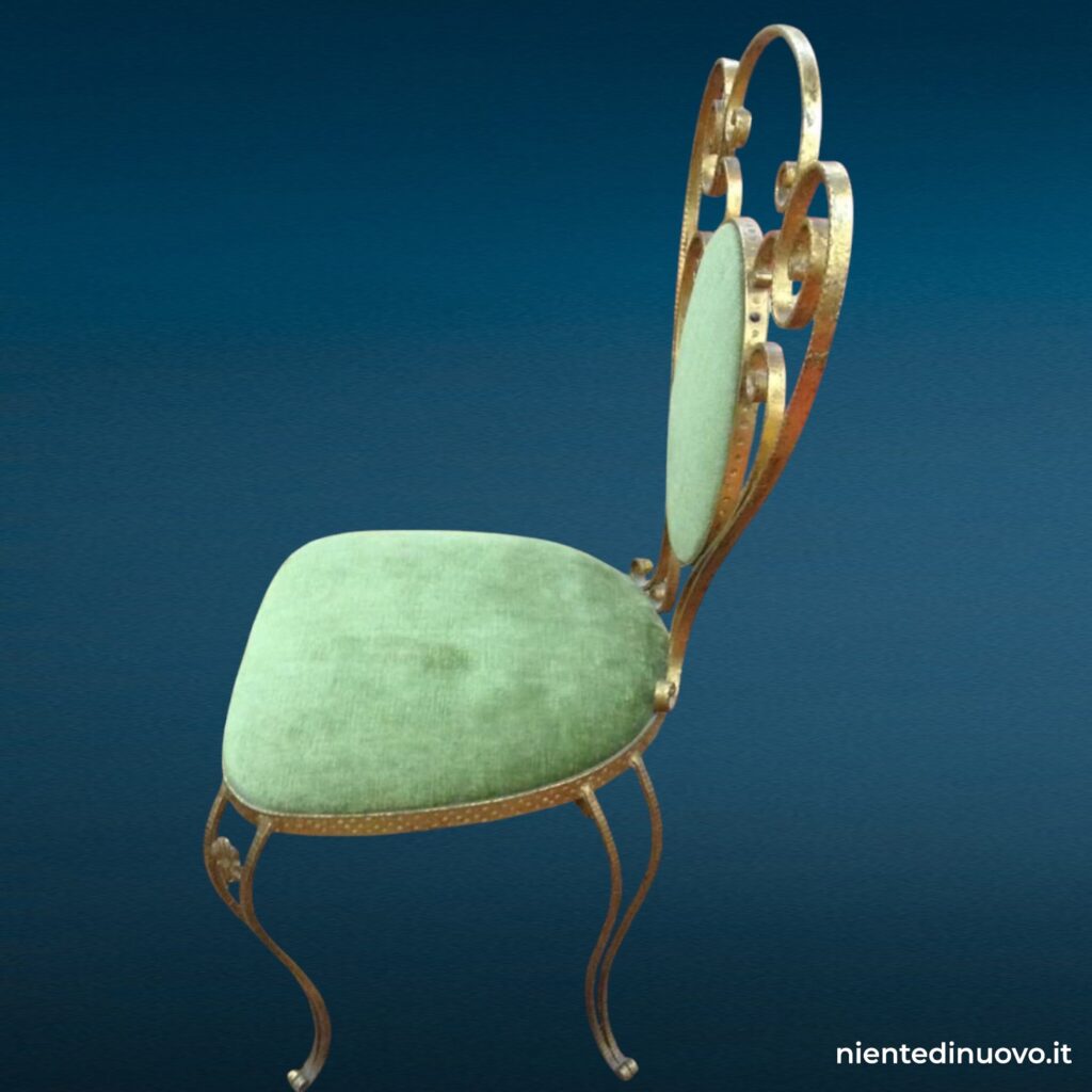 Sedia anni '50 in ferro battuto dorato con seduta in velluto verde - Pier Luigi Colli
