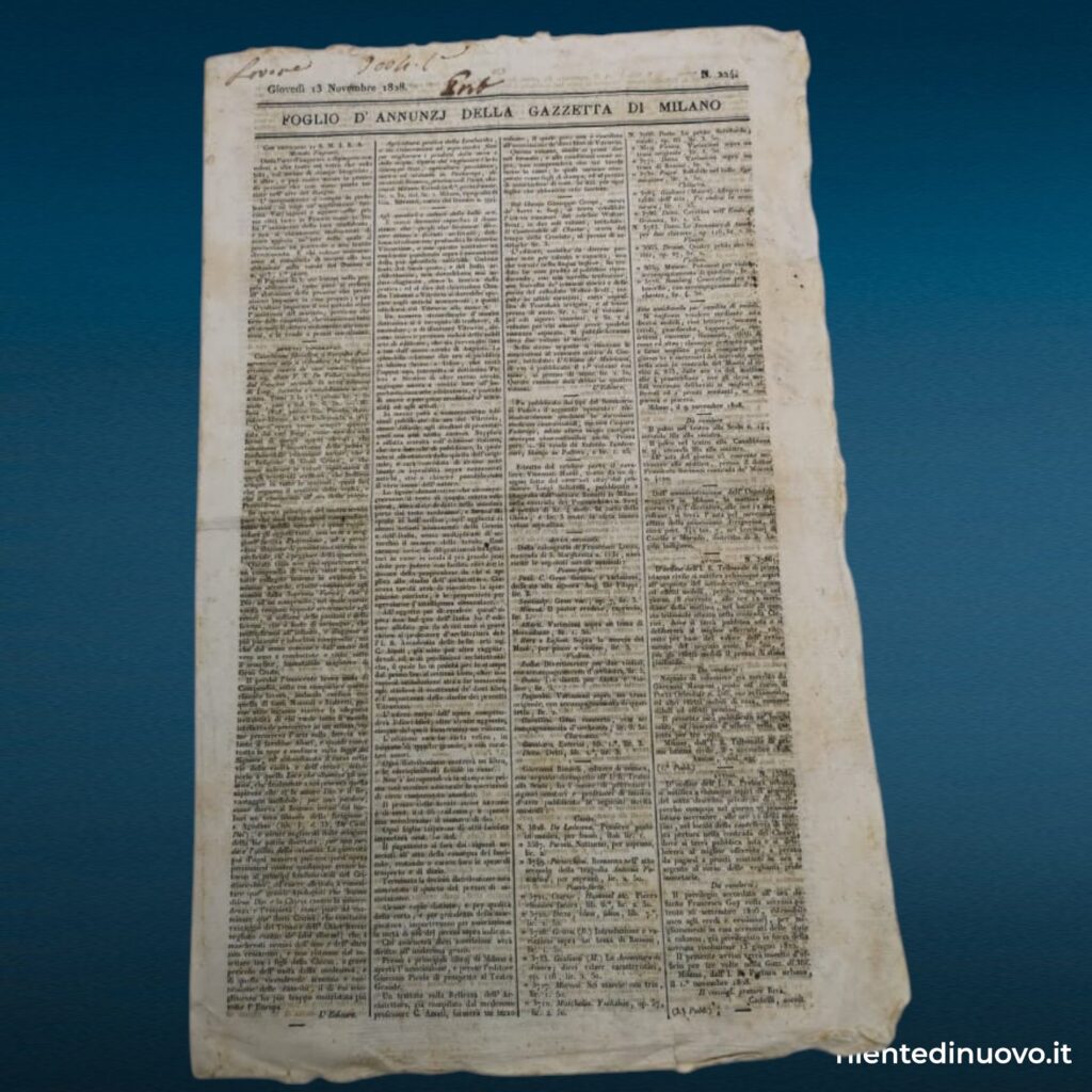 Antico foglio d'annunzj della Gazzetta di Milano — 13 novembre 1828 (4 pagine, carta pergamena)