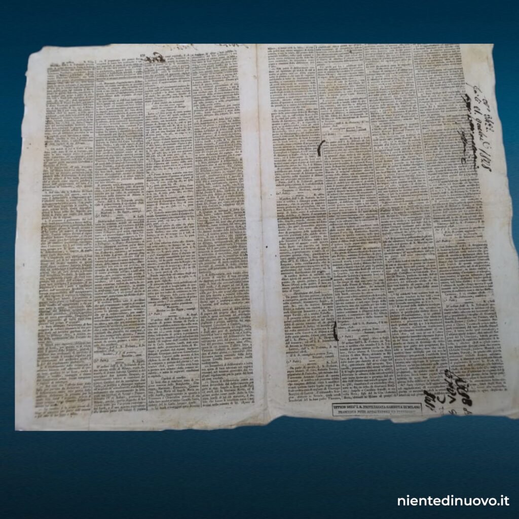 Antico foglio d'annunzj della Gazzetta di Milano — 13 novembre 1828 (4 pagine, carta pergamena)