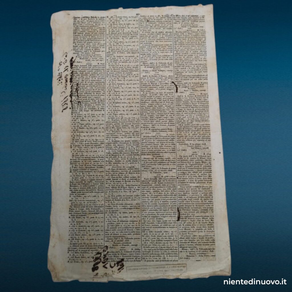 Antico foglio d'annunzj della Gazzetta di Milano — 13 novembre 1828 (4 pagine, carta pergamena)