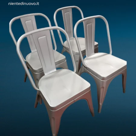 set di 4 sedie industrial in alluminio leggere, impilabili, con finitura opaca e segni d’uso normali