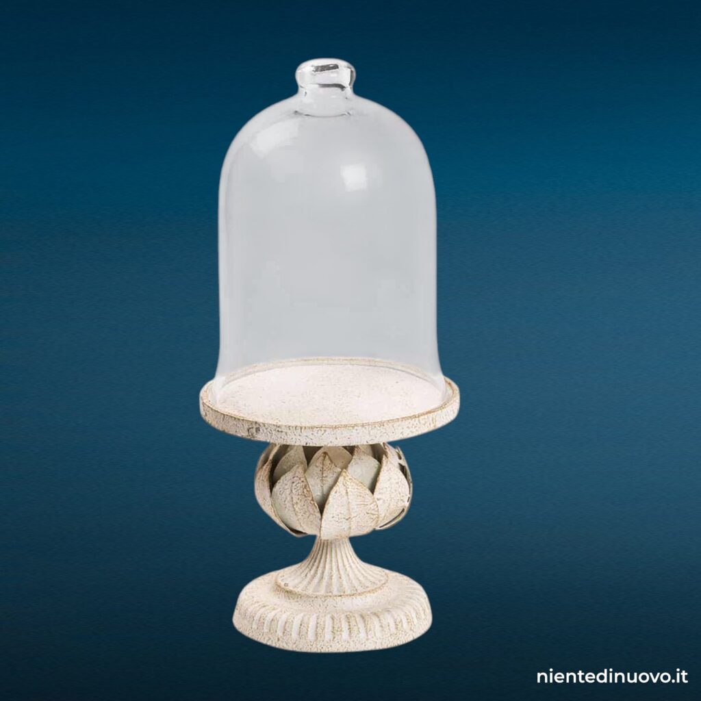 03916 Alzatina in metallo laccato bianco con campana in vetro