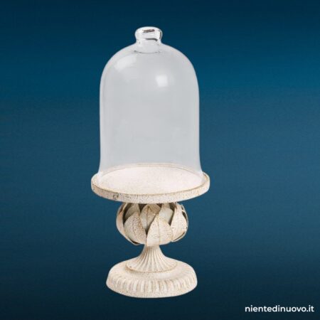 Alzatina in metallo laccato bianco con campana in vetro