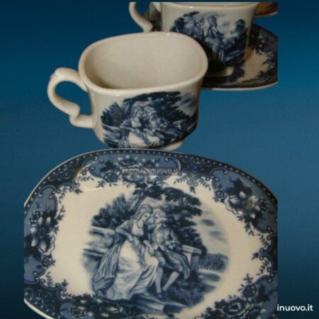 Set 6 tazzine con piattino in ceramica inglese, decorazione blu