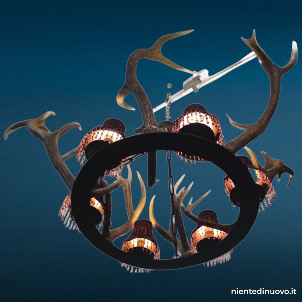 Lampadario artigianale con corna di cervo in ferro battuto, 6 luci, Ø 170 cm
