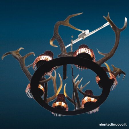 Lampadario artigianale con corna di cervo in ferro battuto, 6 luci, Ø 170 cm