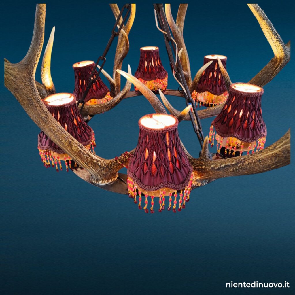 Lampadario artigianale con corna di cervo in ferro battuto, 6 luci, Ø 170 cm