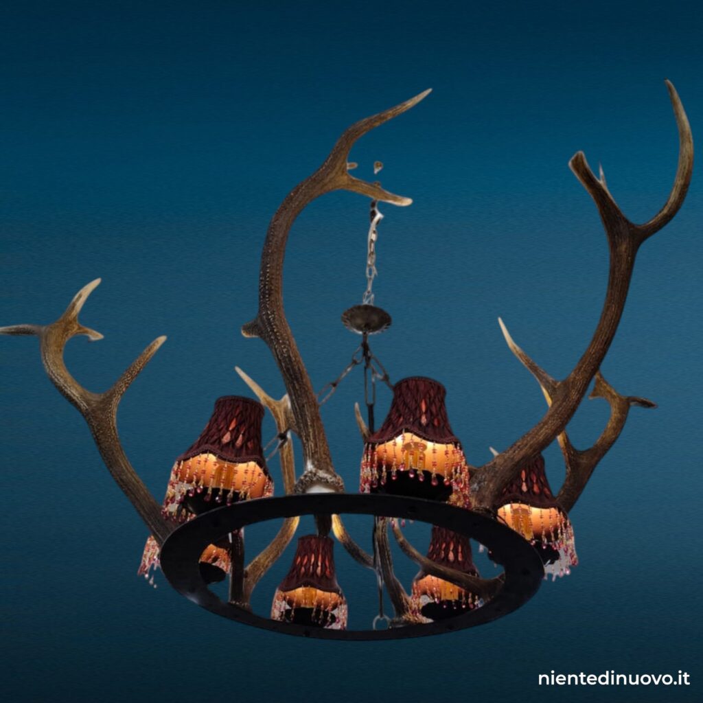 Lampadario artigianale con corna di cervo in ferro battuto, 6 luci, Ø 170 cm