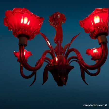 Lampadario in vetro di Murano rosso, 5 bracci, diametro circa 1 m