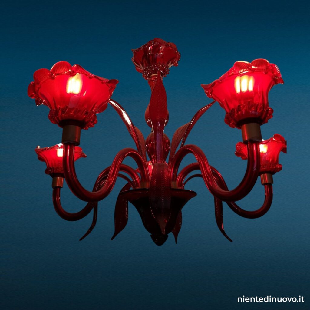 Lampadario in vetro di Murano rosso, 5 bracci, diametro circa 1 m