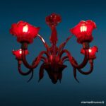 39666_3 Lampadario in vetro di Murano rosso, 5 bracci, diametro circa 1 m