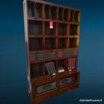 Libreria inglese in teak con cassetti e ante scorrevoli