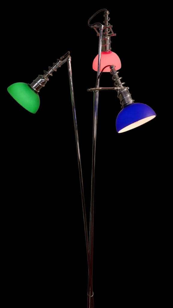 lampada da terra 3 luci anni 70 in acciaio cromato con vetri colorati