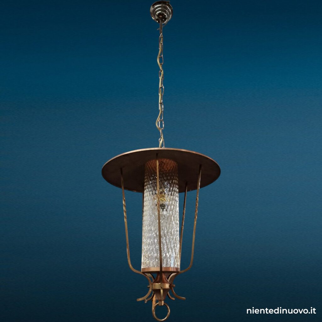 Lampadario a lanterna in ottone e rame, una luce