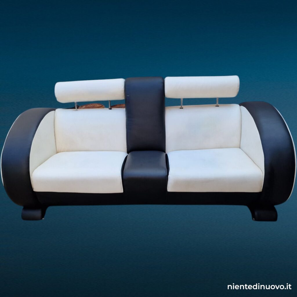 Divano Happy Days, divano vintage bicolore in similpelle bianco e nero (due posti)