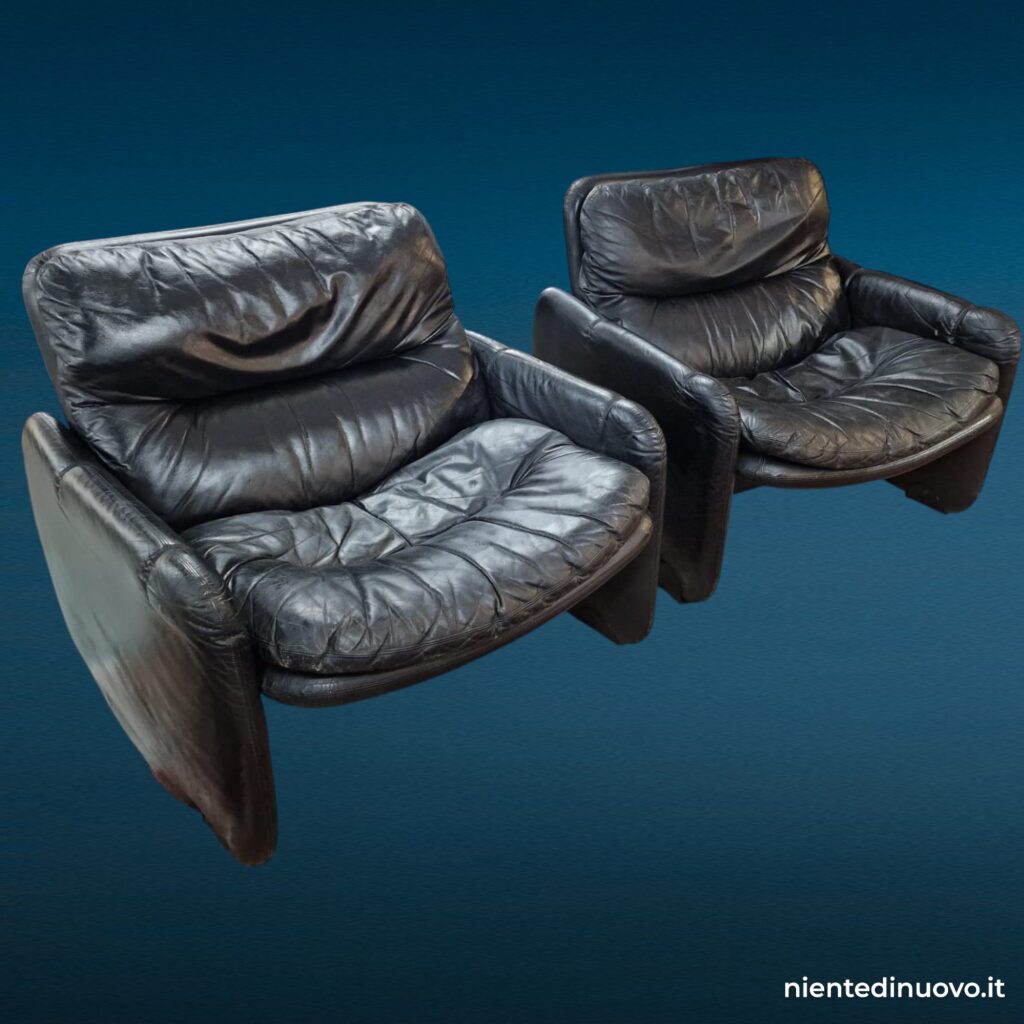 Poltrona vintage in pelle nera anni '70 modello Sandwich