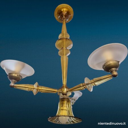 Lampadario veneziano in vetro anni ’40 con bracci gialli soffiati e 4 luci