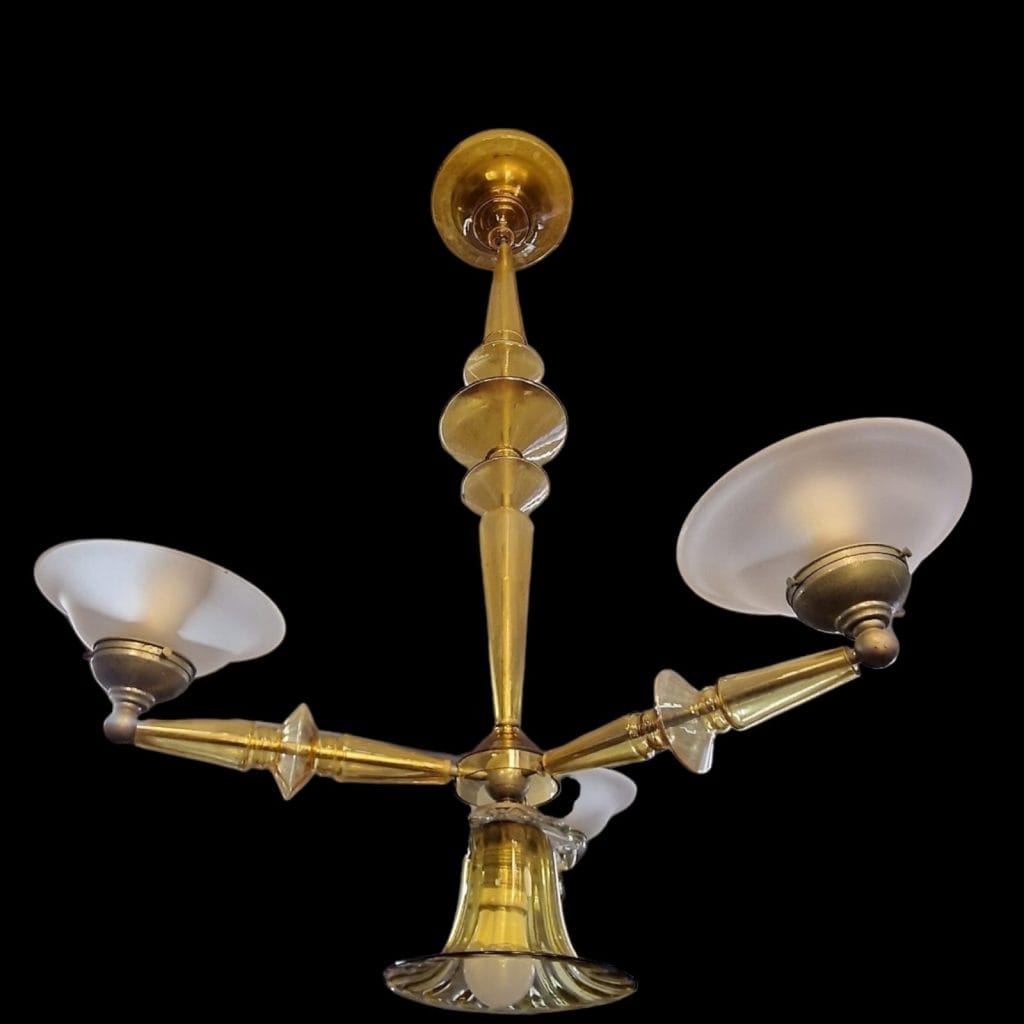 Lampadario veneziano in vetro anni ’40 con bracci gialli soffiati e 4 luci