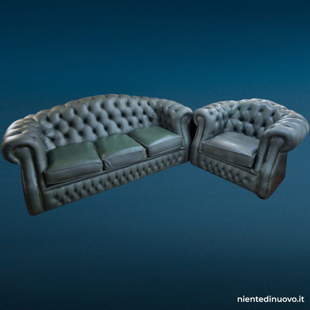 Set divano Chesterfield 3 posti e poltrona in pelle salvia