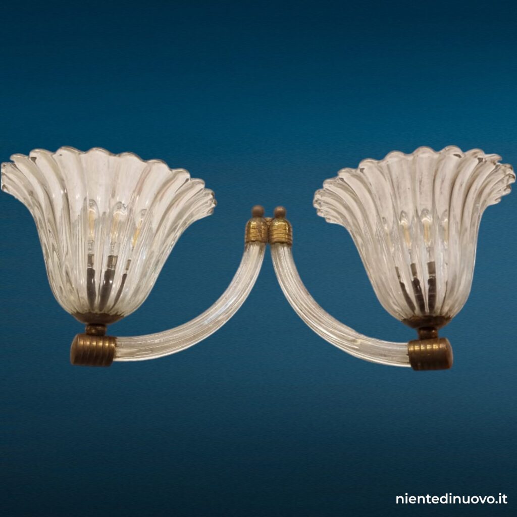 Applique due luci in vetro di Murano, bracci gessati