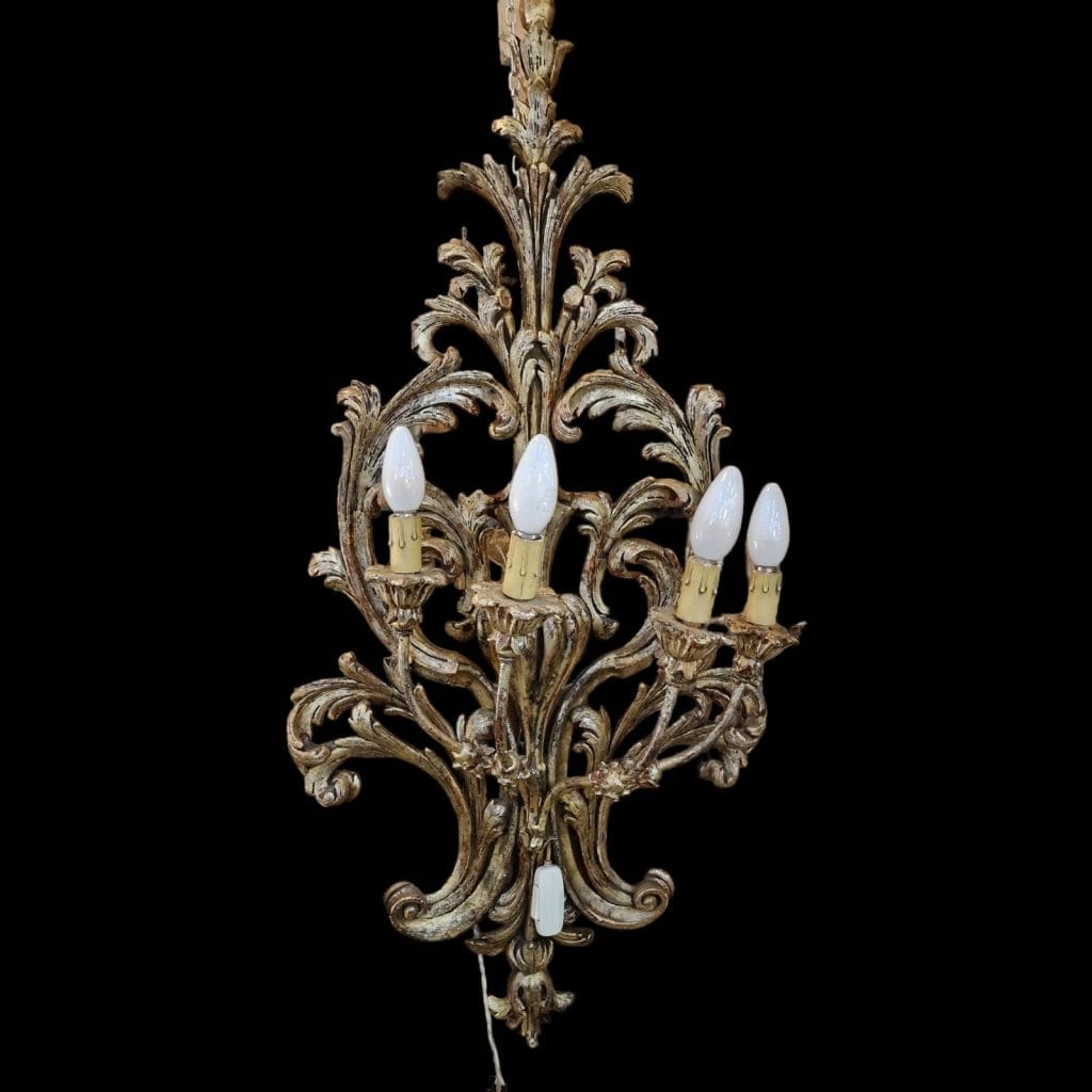 Vecchia appliques da muro 4 fiamme in legno argentato con dettagli dorati