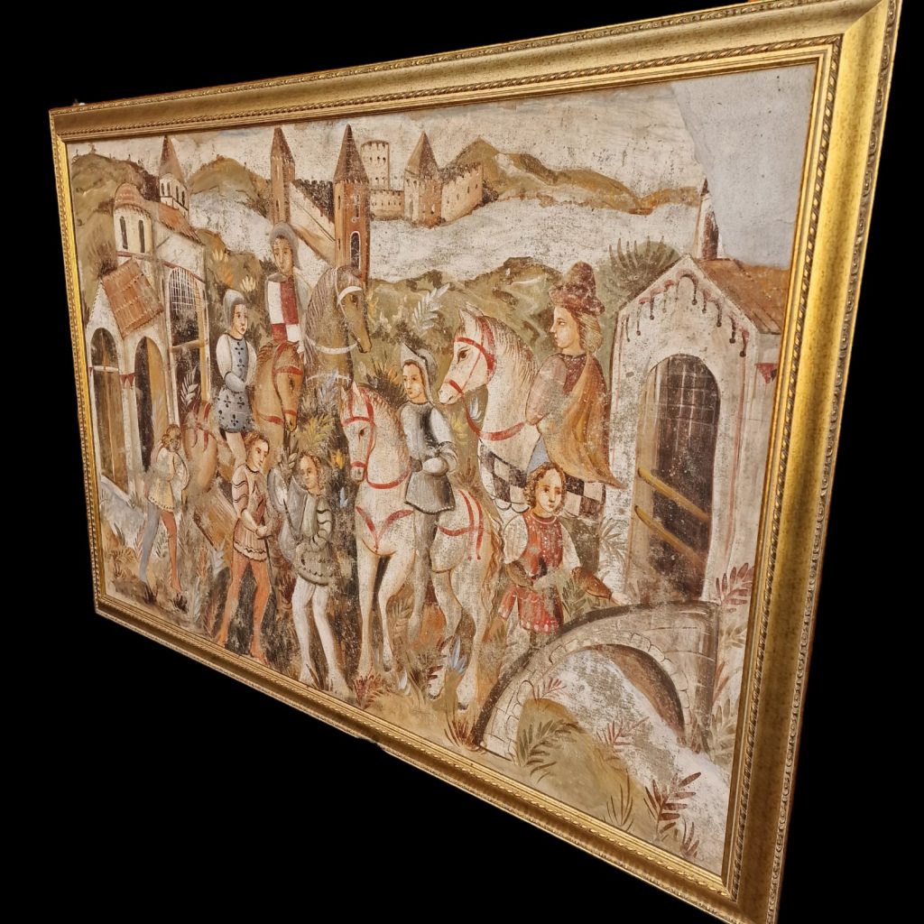 Grande affresco strappo a muro incorniciato con cornice dorata