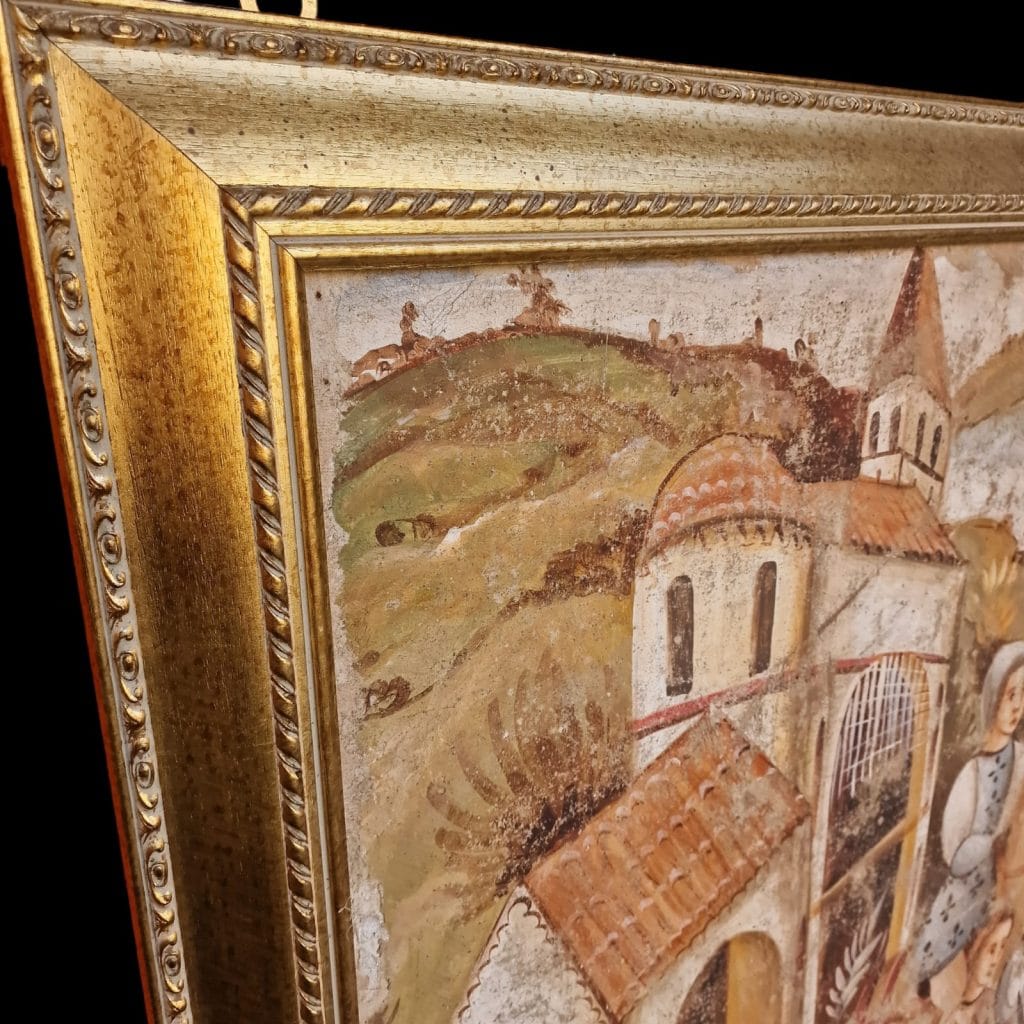 Grande affresco strappo a muro incorniciato con cornice dorata