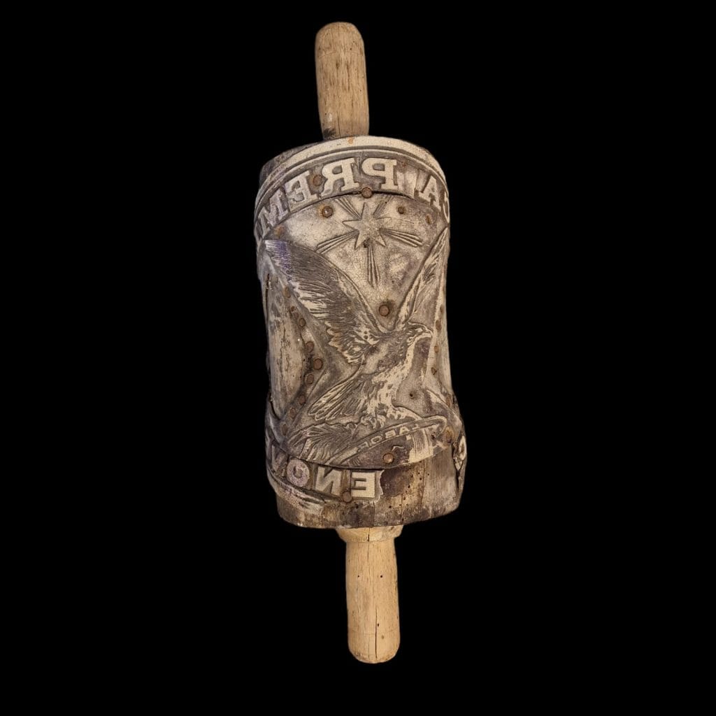 Timbro antico in legno originale con rullo e intestazione conceria genovese