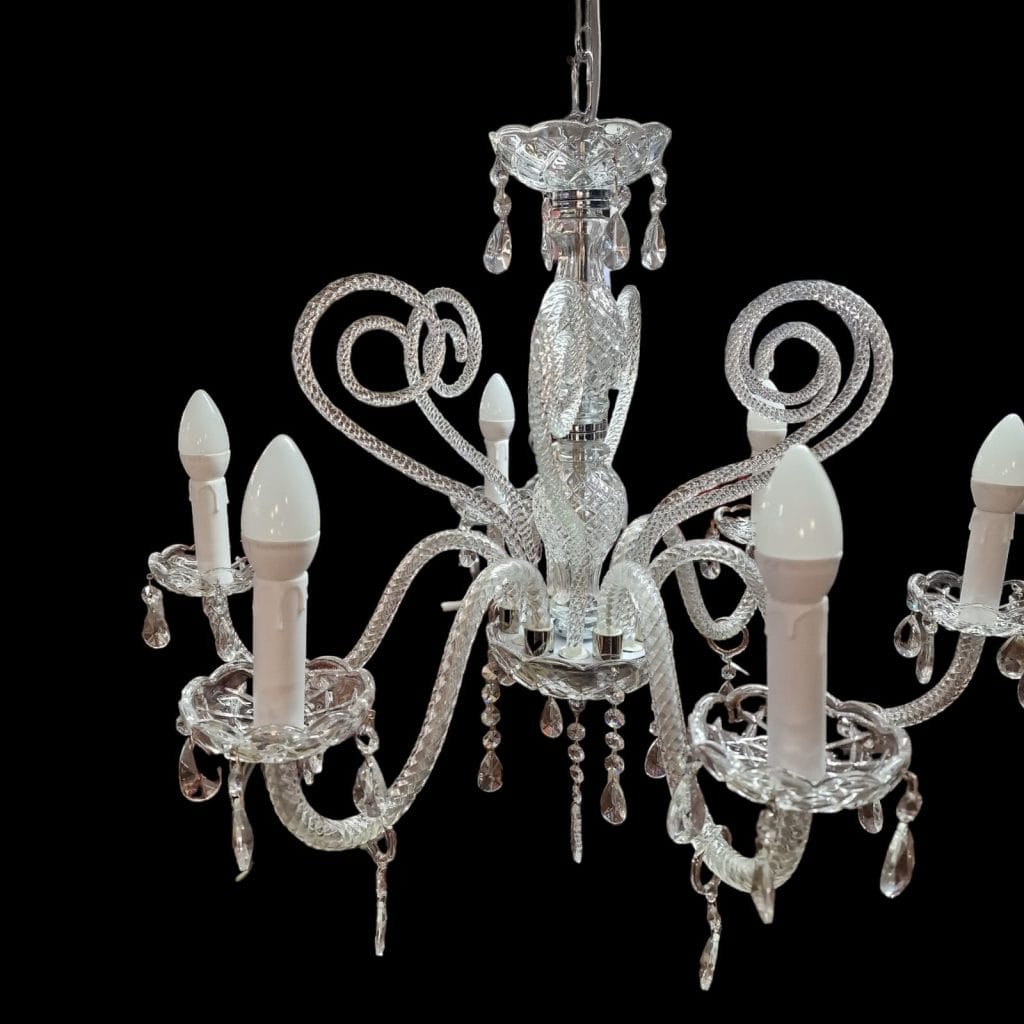 Lampadario cristallo a sei luci veneziano con pendagli a goccia e pastorali