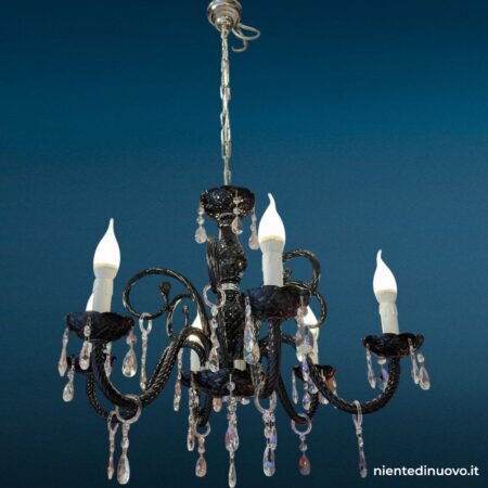 Lampadario 6 luci in vetro nero con pendagli chiari