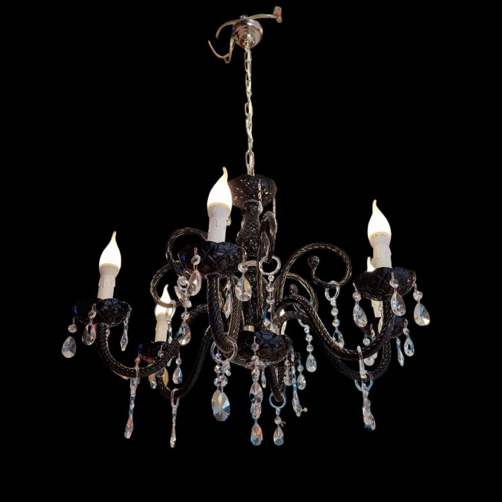 Lampadario 6 luci in vetro nero con pendagli in vetro chiaro sfaccettato