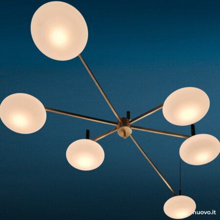 Lampadario Stella sei luci Angelo Lelli - ottone e vetro opalino, anni '60