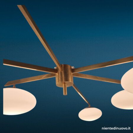 Lampadario Stella sei luci Angelo Lelli - ottone e vetro opalino, anni '60