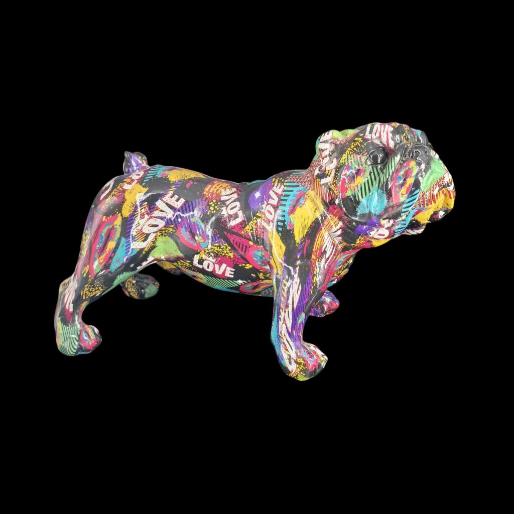 Scultura Bulldog multicolore in resina decorata LOVE