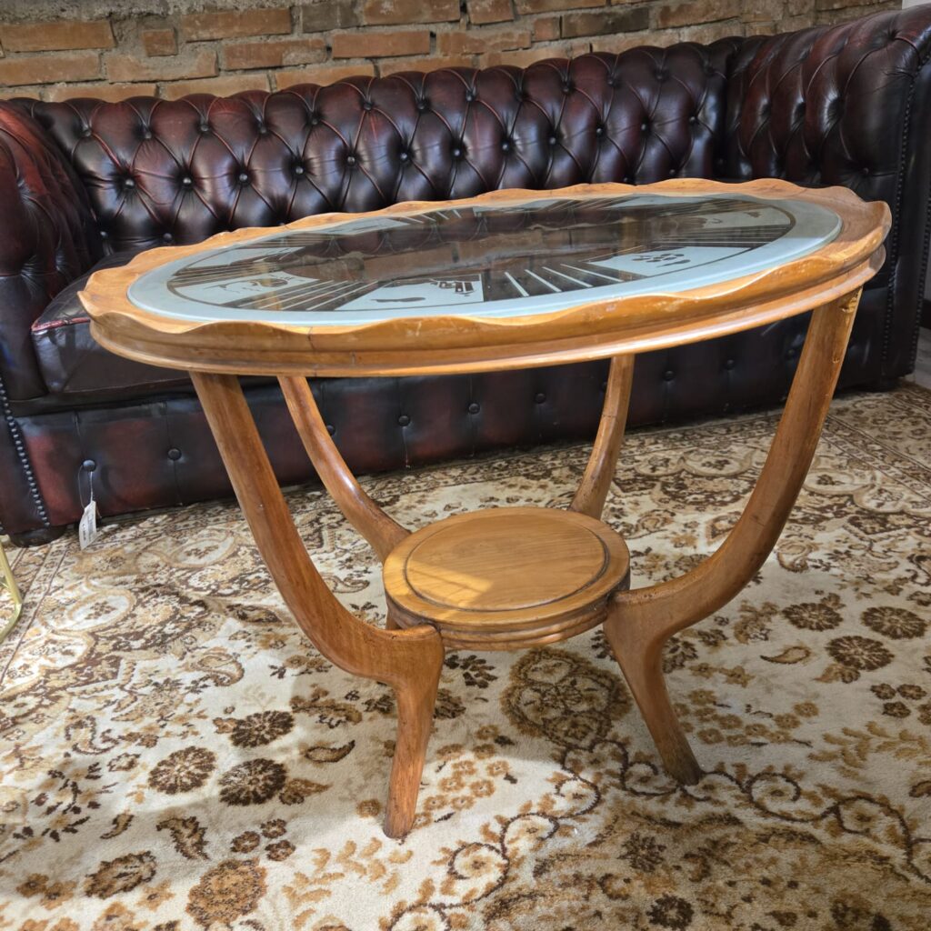 tavolino coffeetable tondo anni 50 con vetro decorato e struttura in legno