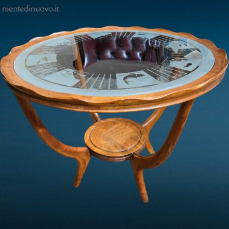 tavolino coffeetable tondo anni 50 con vetro decorato e struttura in legno