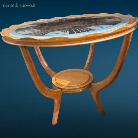 tavolino coffeetable tondo anni 50 con vetro decorato e struttura in legno