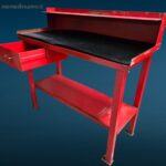Banchetto da lavoro in ferro artigianale verniciato rosso, con cassetto e tappeto in gomma da 3 mm.