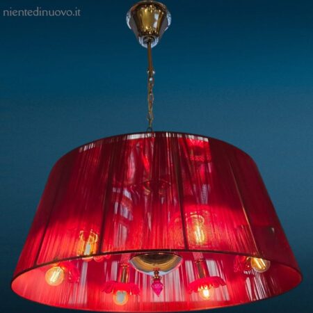 Lampadario vintage con paralume rosso in fili e struttura in vetro con 6 bracci e coppette