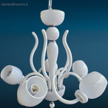 Lampadario in vetro bianco a 5 luci, illuminazione raffinata, perfette condizioni, compatibile con lampadine E14, ideale per soggiorno, camera da letto e sala da pranzo.