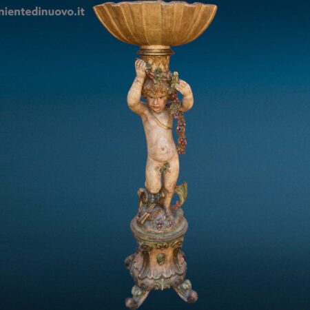 putto angioletto scultura in legno laccato e dipinto con bacile superiore