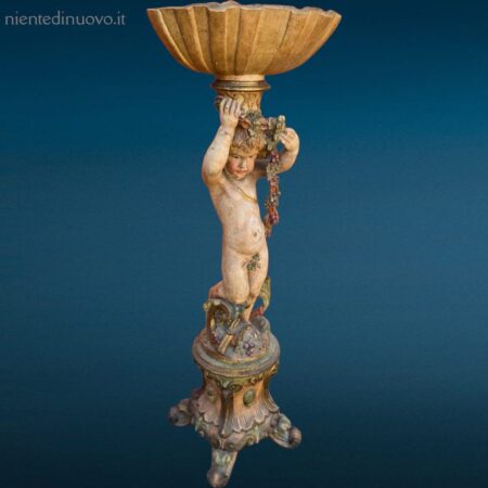 putto angioletto scultura in legno laccato e dipinto con bacile superiore