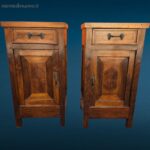 Coppia comodini Liberty primi ’900 in legno con intarsi e maniglie in bronzo