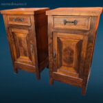 Coppia comodini Liberty primi ’900 in legno con intarsi e maniglie in bronzo