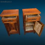 Coppia comodini Liberty primi ’900 in legno con intarsi e maniglie in bronzo