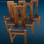 Set da 6 sedie di design anni 80 in legno con seduta in similpelle nera