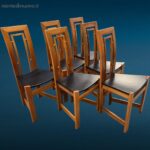 Set da 6 sedie di design anni 80 in legno con seduta in similpelle nera