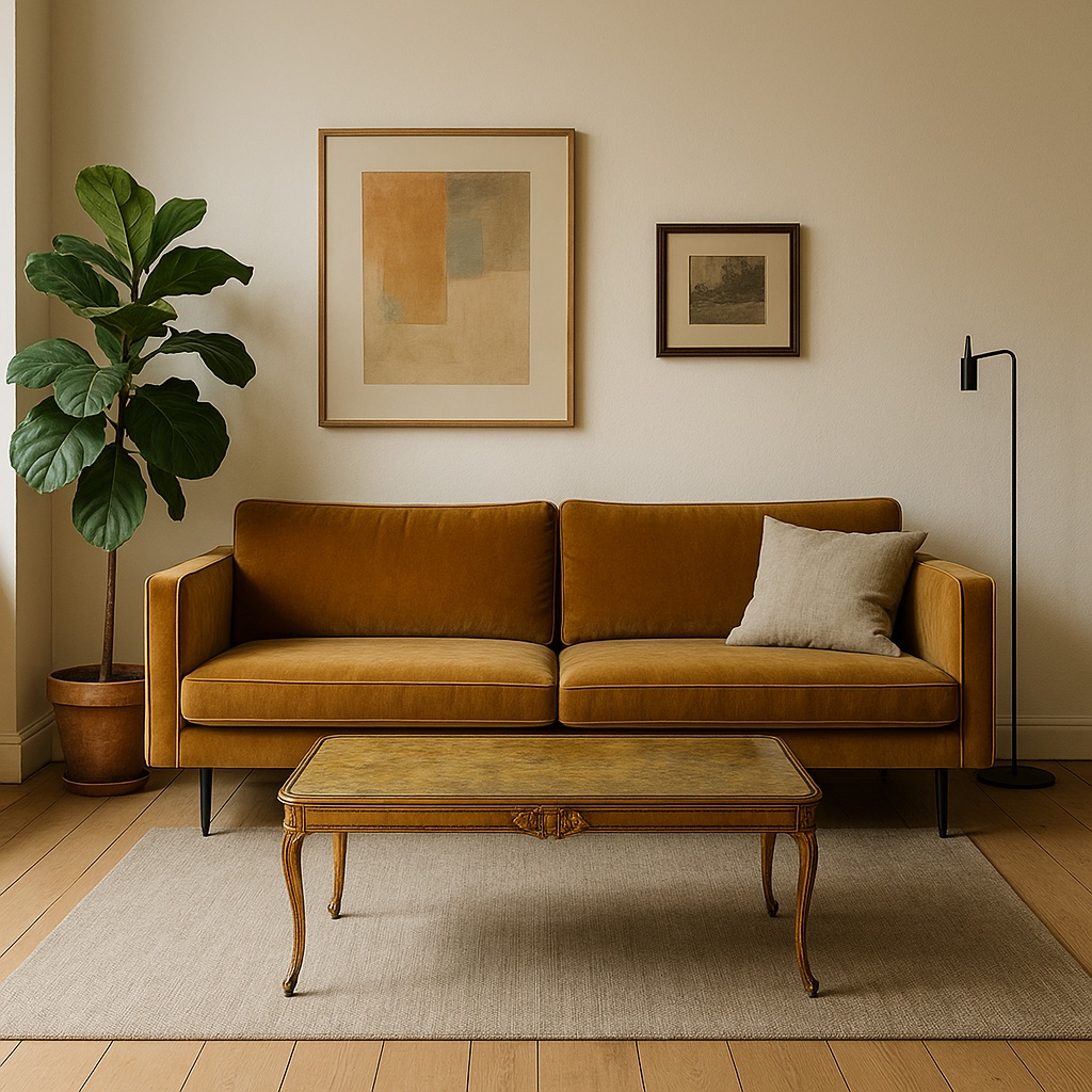 Soggiorno moderno con tavolino vintage in metallo dorato e divano minimalista