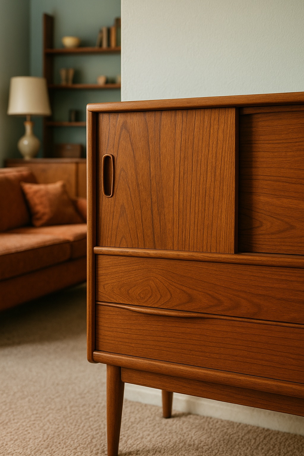 Dettaglio di una credenza in legno teak anni 60 con venature a vista, in un salotto in stile vintage