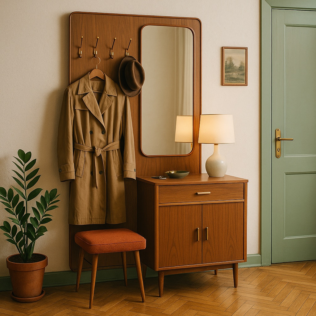 Ingresso arredato in stile vintage con mobile consolle in legno, specchio integrato, appendiabiti, sgabello imbottito e pianta ornamentale in vaso